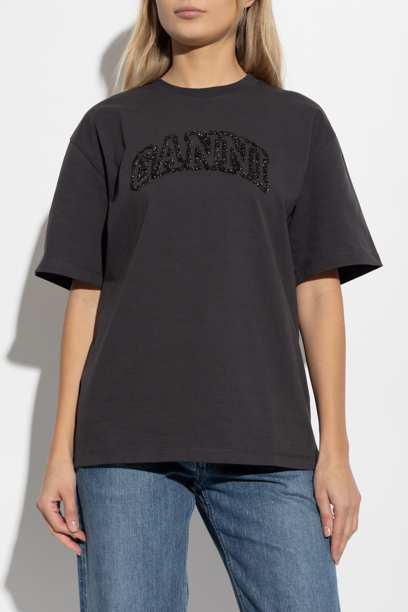 Tシャツ・カットソー GANNI Woman T-Shirt Grey T4254 252 GANNI ガニー 半袖 Tシャツ Heavy Cotton Jersey Heart Small T